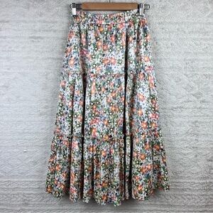 MOODIE Cottagecore Floral Maxi Skirt Tiered Boho Elastic Waist Peasant Country